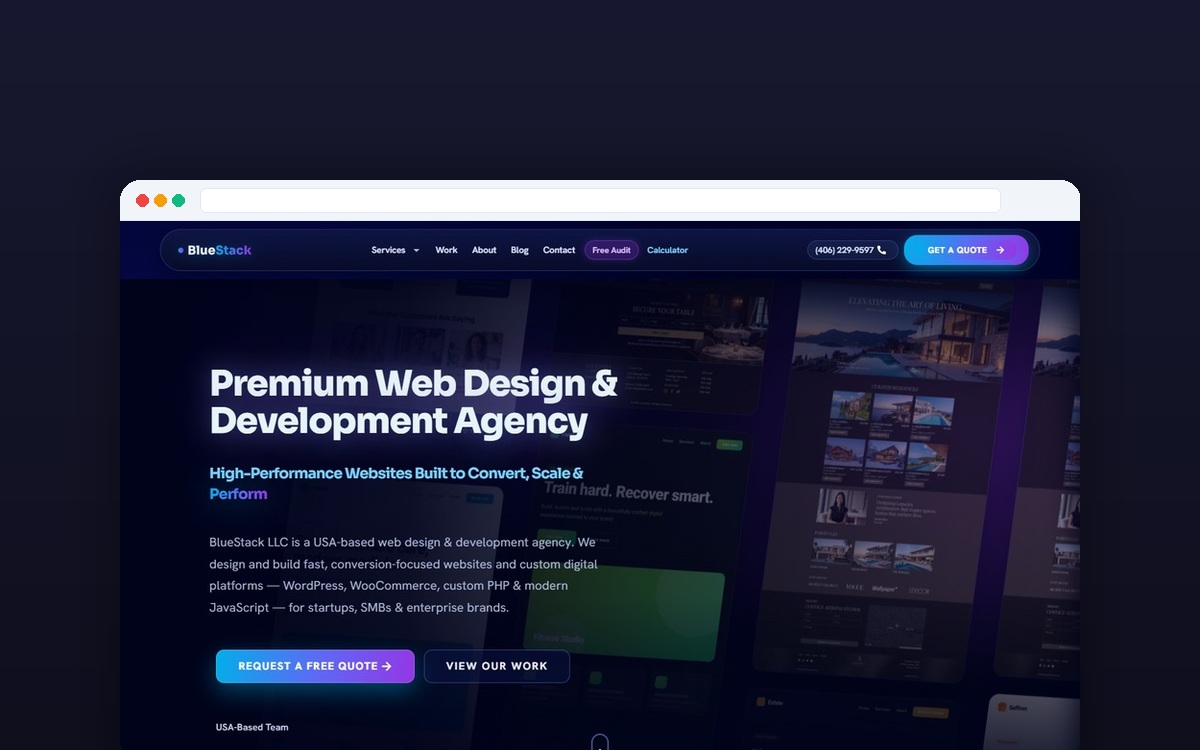 BlueStack Digital Systems — Modern US agency portal engineered with high-conversion landing page architecture, sub-second TTFB, edge computing, and custom service calculators.