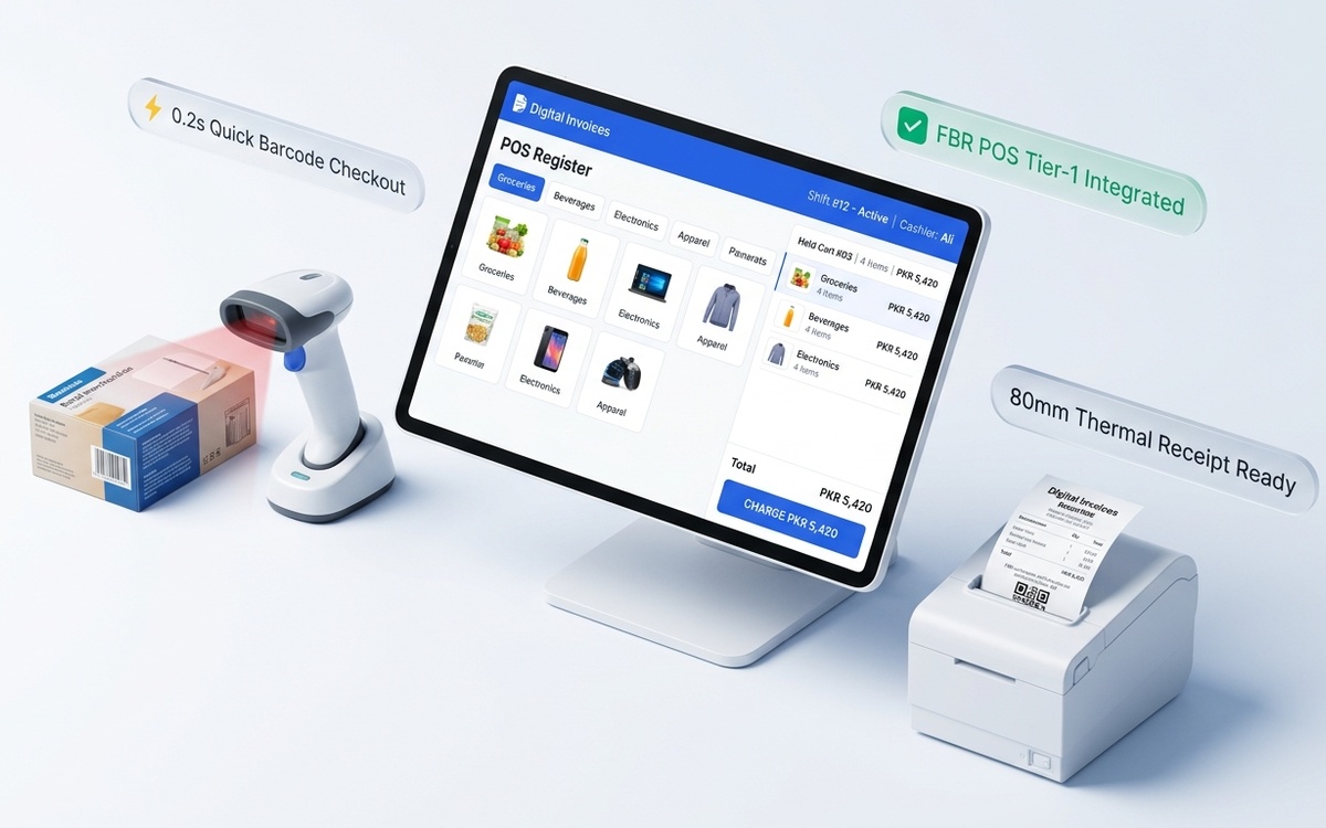 Digital Invoices Retail POS Suite — Ultra-fast retail counter POS register with 0.2s barcode scanning, 80mm thermal receipt printing, offline sales queue, and direct Tier-1 FBR integration.