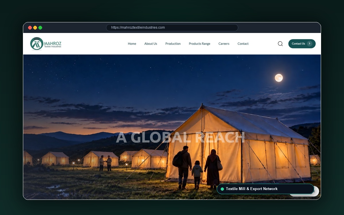 Mahroz Textile Industries — Large-scale textile manufacturing and export portal covering yarn spinning, fabric weaving, denim processing, home textiles, and international compliance certifications.