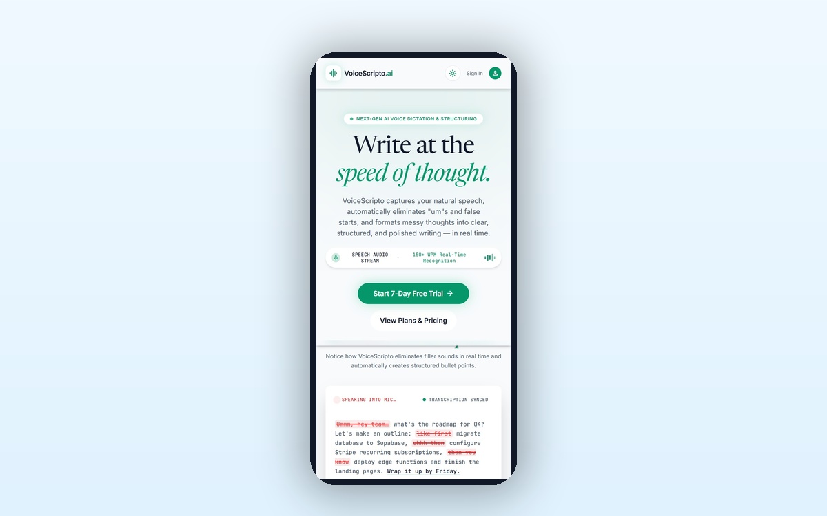 VoiceScripto.ai Mobile — Real-time AI voice dictation studio that eliminates filler words ('um', 'uh'), structures rambling speech, and exports formatted notes instantly.